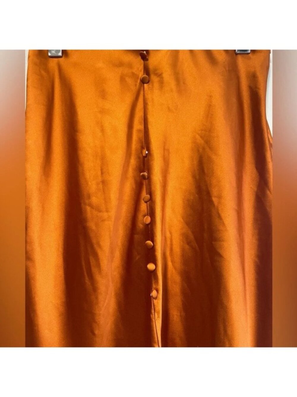 E.ssue Satiny  Orange Rust A Line Midi Skirt w Button Details & Front Slit - Med - Picture 4 of 8